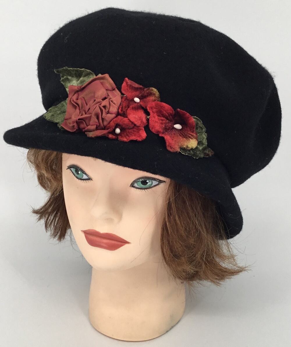 Toucan Collection NY Black Wool Cloche Hat Red Floral Accent